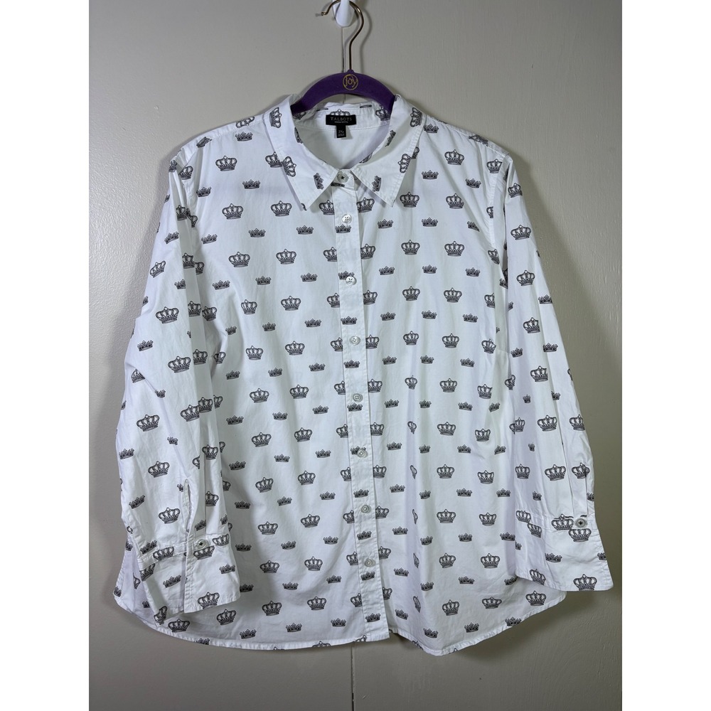 Talbots White Cotton Crown Print Button Down Shirt 2XP Royal Preppy Regal Quiky